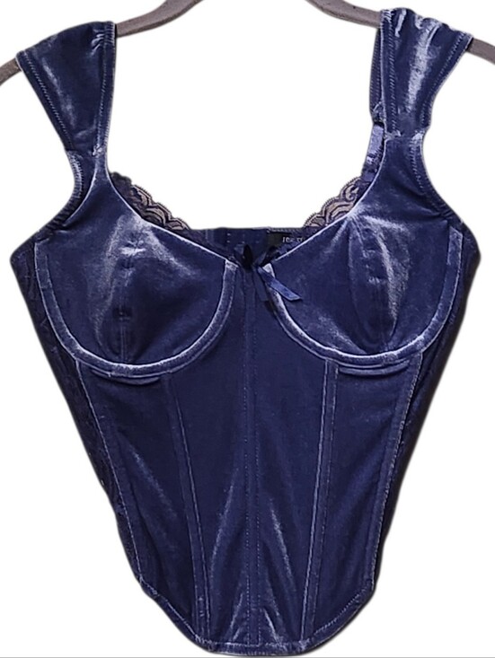 Forever 21 Tops - Forever 21 Blue Velvet Lace Trim Boned Bustier Corset Top